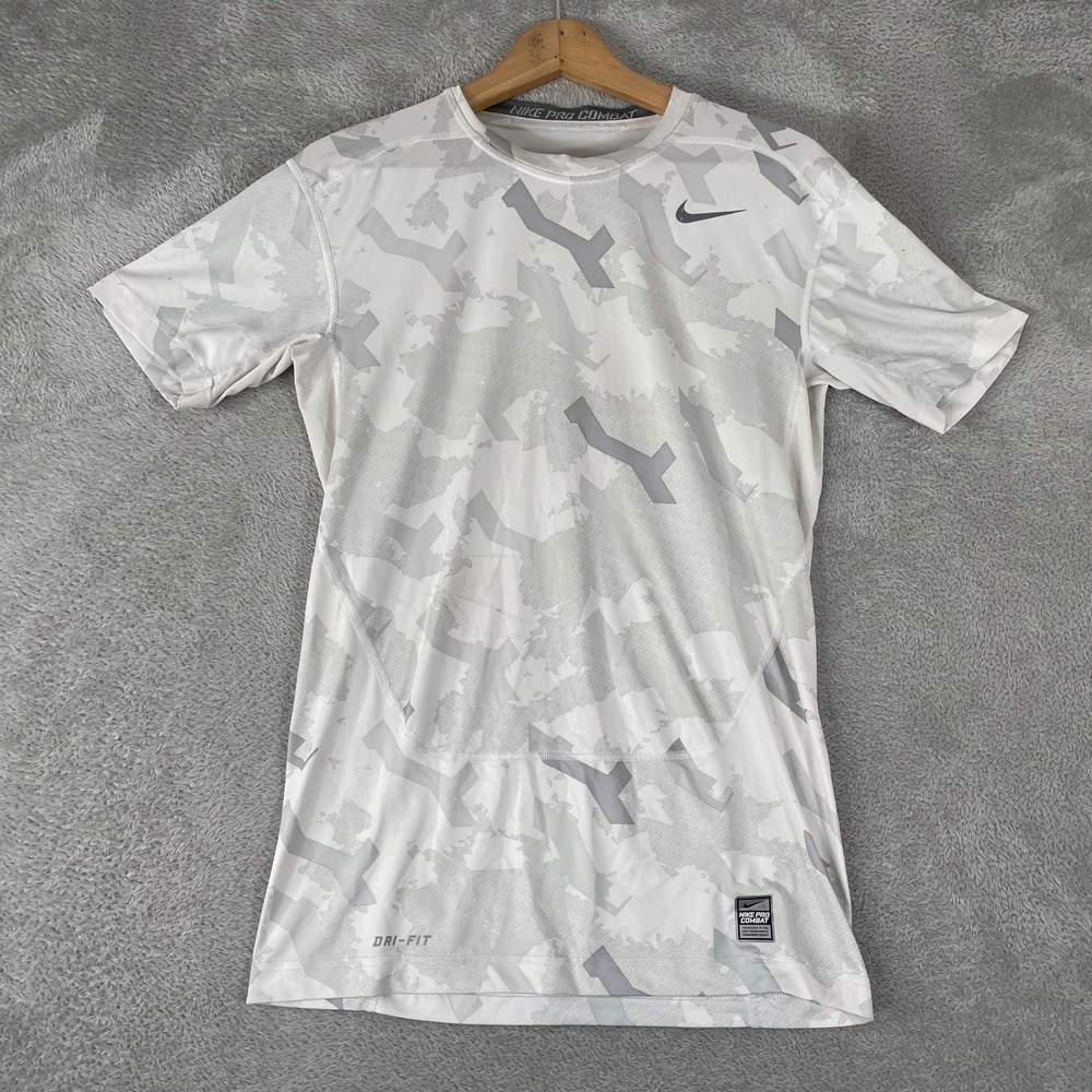 Nike Pro Combat Shirt Mens Large White Grey Camo Dri-Fit Compression Training